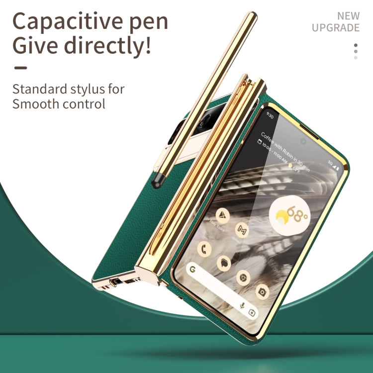 For Google Pixel Fold Litchi Pattern Electroplating Pen Slot Double Hinge Folding Phone Case with Stylus(Green) - Google Cases by PMC TechLife | Online Shopping South Africa | PMC TechLife | Buy Now Pay Later Mobicred