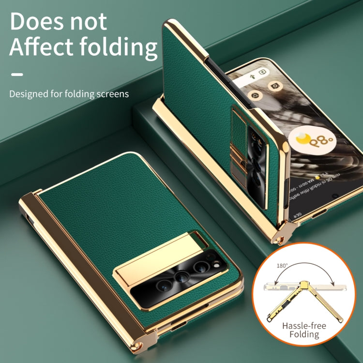 For Google Pixel Fold Litchi Pattern Electroplating Pen Slot Double Hinge Folding Phone Case with Stylus(Green) - Google Cases by PMC TechLife | Online Shopping South Africa | PMC TechLife | Buy Now Pay Later Mobicred