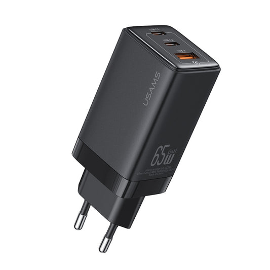 USAMS US-CC180 65W ACC Three Ports GaN Charger, EU Plug(Black) - USB Charger by USAMS | Online Shopping South Africa | PMC Jewellery | Buy Now Pay Later Mobicred