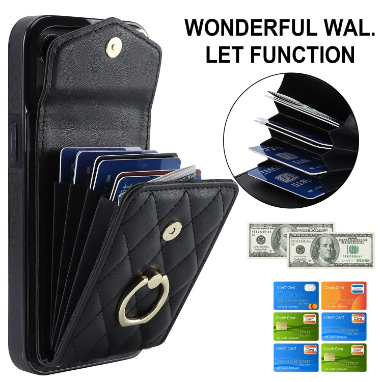 For iPhone 14 Pro Rhombic Texture Card Bag Phone Case with Long Lanyard(Black) - iPhone 14 Pro Cases by PMC TechLife | Online Shopping South Africa | PMC TechLife