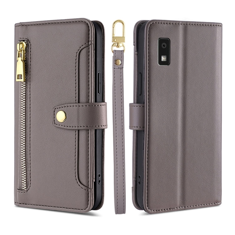 For Sharp Aqous Wish3 Sheep Texture Cross-body Zipper Wallet Leather Phone Case(Grey) - More Brand by PMC TechLife | Online Shopping South Africa | PMC TechLife | Buy Now Pay Later Mobicred
