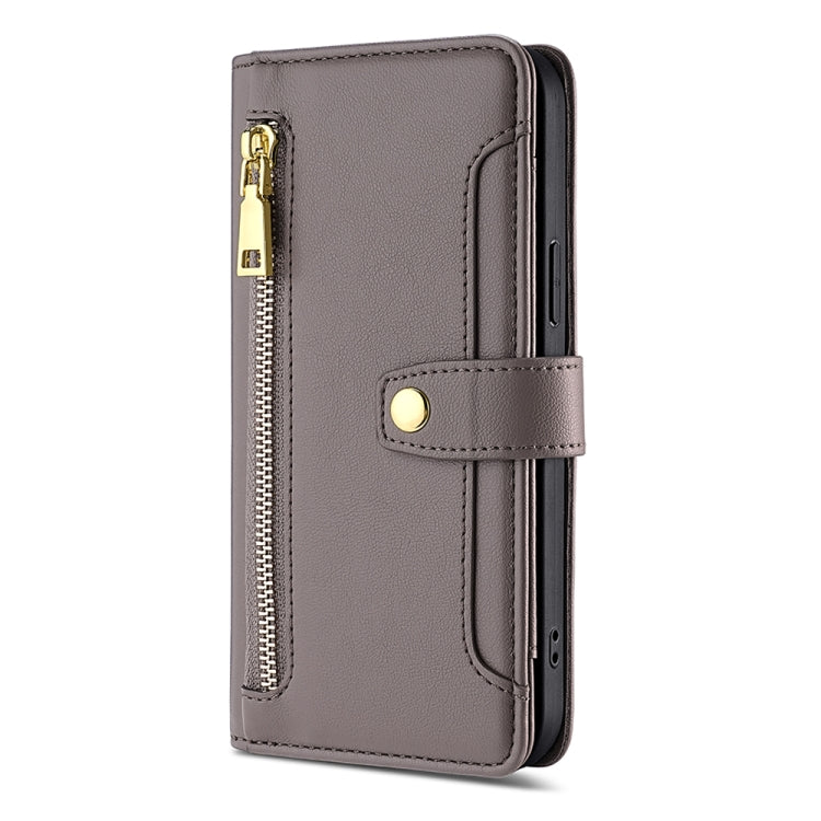 For Sharp Aqous Wish3 Sheep Texture Cross-body Zipper Wallet Leather Phone Case(Grey) - More Brand by PMC TechLife | Online Shopping South Africa | PMC TechLife | Buy Now Pay Later Mobicred