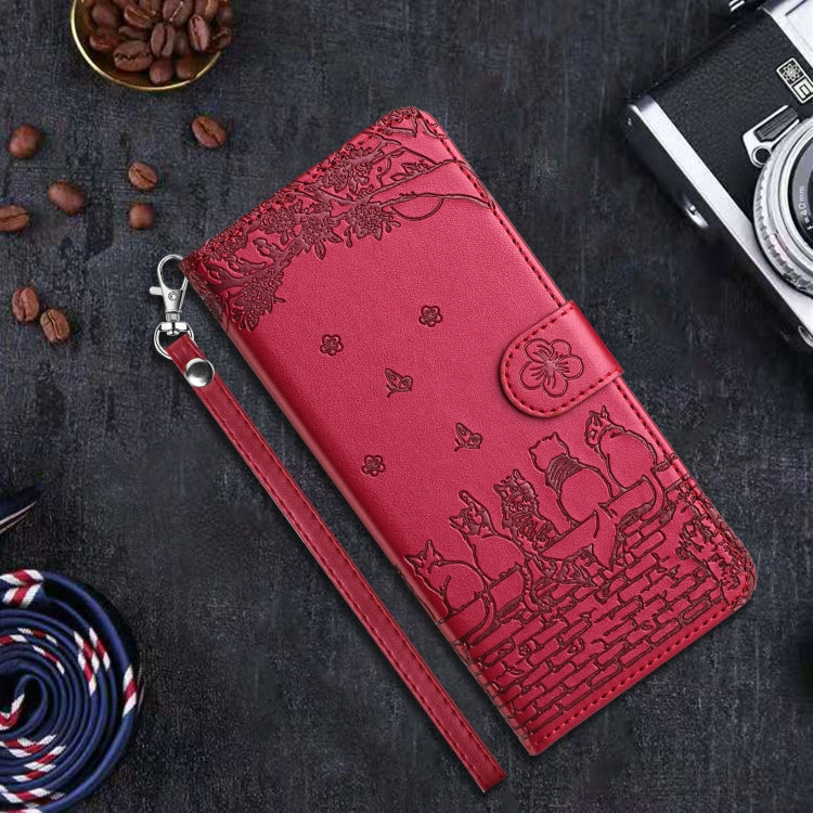 For iPhone 16 Pro Max Cat Embossing Pattern Leather Phone Case with Lanyard(Red) - iPhone 16 Pro Max Cases by PMC TechLife | Online Shopping South Africa | PMC TechLife | Buy Now Pay Later Mobicred