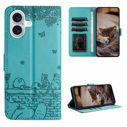 For iPhone 16 Plus Cat Embossing Pattern Leather Phone Case with Lanyard(Blue) - iPhone 16 Plus Cases by PMC Jewellery | Online Shopping South Africa | PMC Jewellery | Buy Now Pay Later Mobicred