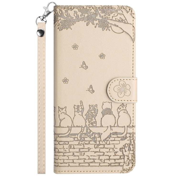For iPhone 16 Plus Cat Embossing Pattern Leather Phone Case with Lanyard(Beige) - iPhone 16 Plus Cases by PMC TechLife | Online Shopping South Africa | PMC TechLife | Buy Now Pay Later Mobicred