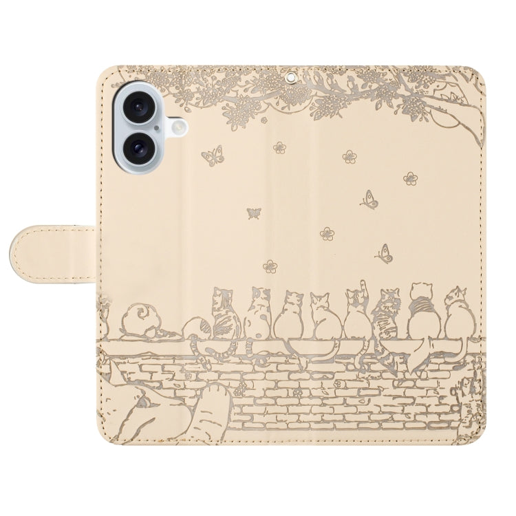 For iPhone 16 Plus Cat Embossing Pattern Leather Phone Case with Lanyard(Beige) - iPhone 16 Plus Cases by PMC TechLife | Online Shopping South Africa | PMC TechLife | Buy Now Pay Later Mobicred