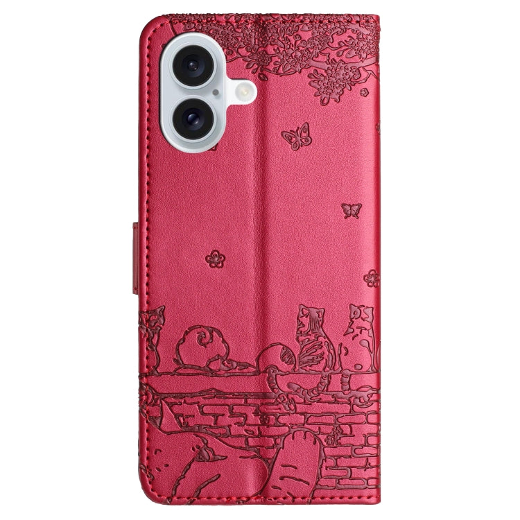 For iPhone 16 Cat Embossing Pattern Leather Phone Case with Lanyard(Red) - iPhone 16 Cases by PMC TechLife | Online Shopping South Africa | PMC TechLife | Buy Now Pay Later Mobicred