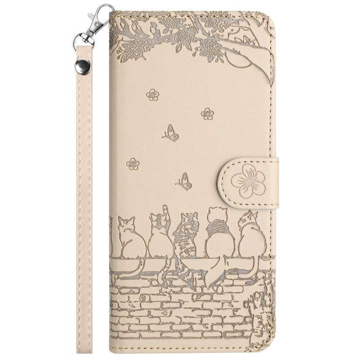 For iPhone 16 Cat Embossing Pattern Leather Phone Case with Lanyard(Beige) - iPhone 16 Cases by PMC Jewellery | Online Shopping South Africa | PMC Jewellery | Buy Now Pay Later Mobicred