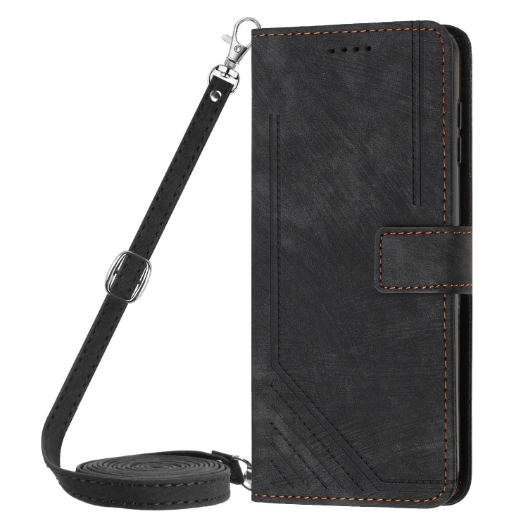 For Infinix Smart 8 Skin Feel Stripe Pattern Leather Phone Case with Lanyard(Black) - Infinix Cases by PMC TechLife | Online Shopping South Africa | PMC TechLife | Buy Now Pay Later Mobicred