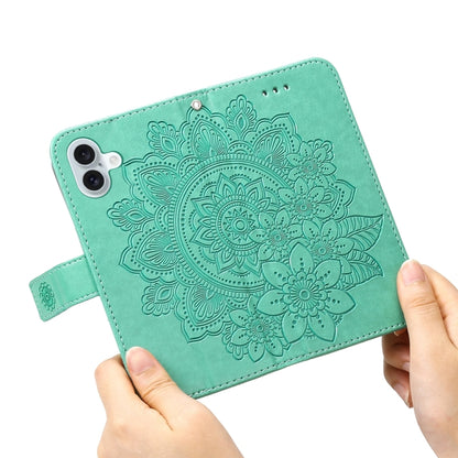 For iPhone 16 Plus 7-petal Flowers Embossing Leather Phone Case(Green) - iPhone 16 Plus Cases by PMC Jewellery | Online Shopping South Africa | PMC Jewellery | Buy Now Pay Later Mobicred