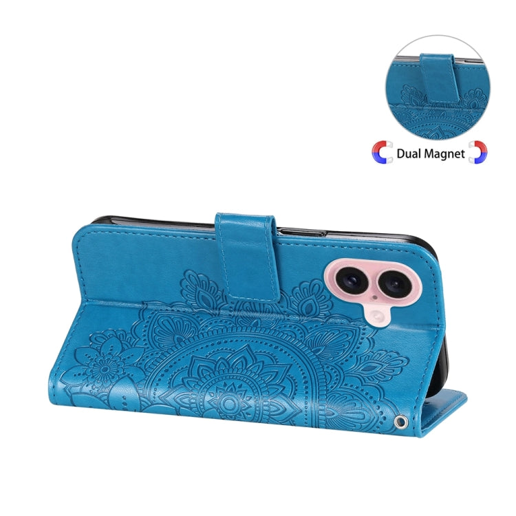 For iPhone 16 7-petal Flowers Embossing Leather Phone Case(Blue) - iPhone 16 Cases by PMC TechLife | Online Shopping South Africa | PMC TechLife | Buy Now Pay Later Mobicred