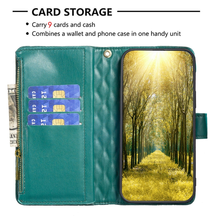 For iPhone 16 Pro Diamond Lattice Zipper Wallet Leather Flip Phone Case(Green) - iPhone 16 Pro Cases by PMC TechLife | Online Shopping South Africa | PMC TechLife | Buy Now Pay Later Mobicred