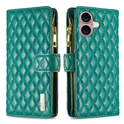 For iPhone 16 Diamond Lattice Zipper Wallet Leather Flip Phone Case(Green) - iPhone 16 Cases by PMC Jewellery | Online Shopping South Africa | PMC Jewellery | Buy Now Pay Later Mobicred