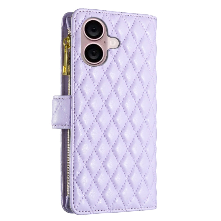 For iPhone 16 Plus Diamond Lattice Zipper Wallet Leather Flip Phone Case(Purple) - iPhone 16 Plus Cases by PMC Jewellery | Online Shopping South Africa | PMC Jewellery | Buy Now Pay Later Mobicred