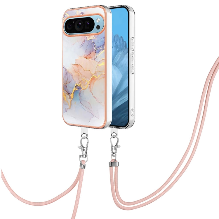 For Google Pixel 9 / 9 Pro Electroplating IMD TPU Phone Case with Lanyard(White Marble) - Google Cases by PMC Jewellery | Online Shopping South Africa | PMC Jewellery | Buy Now Pay Later Mobicred