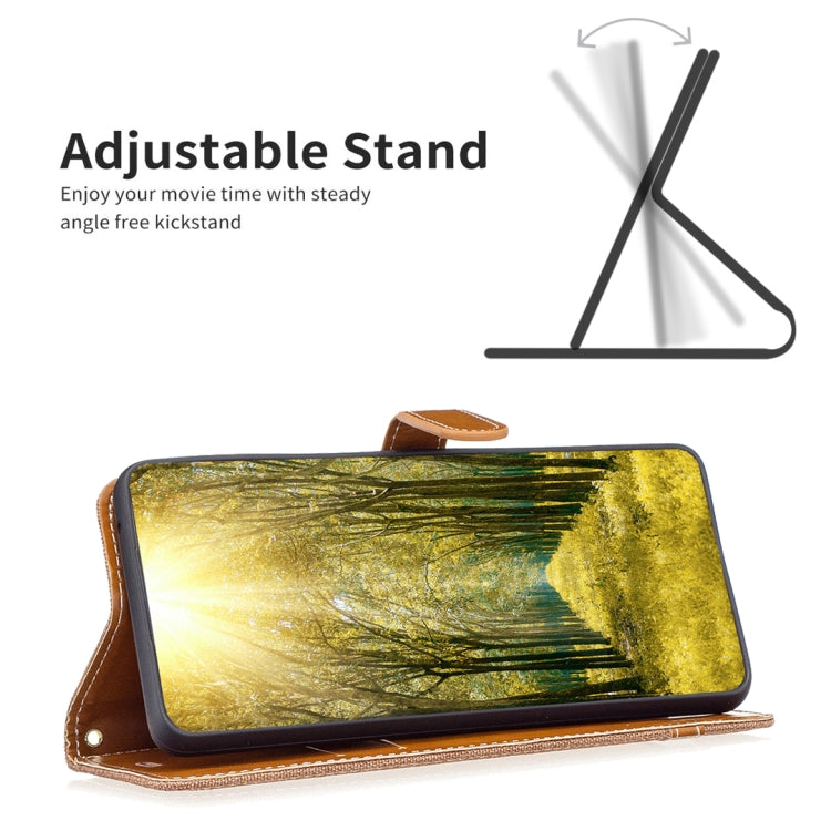 For iPhone 16 Color Block Denim Texture Leather Phone Case(Brown) - iPhone 16 Cases by PMC TechLife | Online Shopping South Africa | PMC TechLife | Buy Now Pay Later Mobicred