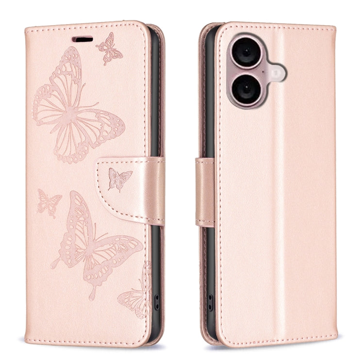 For iPhone 16 Embossing Two Butterflies Pattern Leather Phone Case(Rose Gold) - iPhone 16 Cases by PMC Jewellery | Online Shopping South Africa | PMC Jewellery | Buy Now Pay Later Mobicred