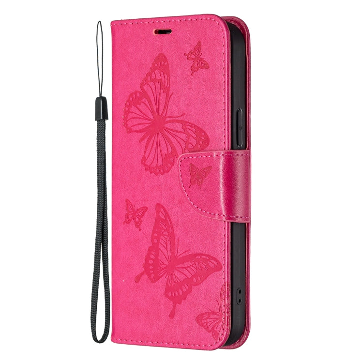 For iPhone 16 Embossing Two Butterflies Pattern Leather Phone Case(Rose Red) - iPhone 16 Cases by PMC TechLife | Online Shopping South Africa | PMC TechLife | Buy Now Pay Later Mobicred