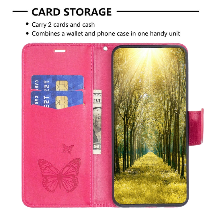 For iPhone 16 Embossing Two Butterflies Pattern Leather Phone Case(Rose Red) - iPhone 16 Cases by PMC TechLife | Online Shopping South Africa | PMC TechLife | Buy Now Pay Later Mobicred
