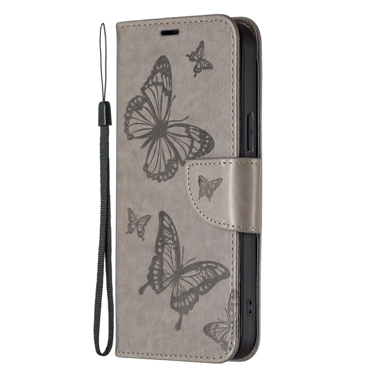 For iPhone 16 Plus Embossing Two Butterflies Pattern Leather Phone Case(Grey) - iPhone 16 Plus Cases by PMC TechLife | Online Shopping South Africa | PMC TechLife | Buy Now Pay Later Mobicred