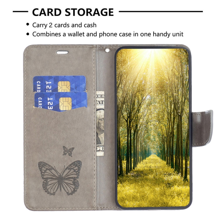 For iPhone 16 Plus Embossing Two Butterflies Pattern Leather Phone Case(Grey) - iPhone 16 Plus Cases by PMC TechLife | Online Shopping South Africa | PMC TechLife | Buy Now Pay Later Mobicred