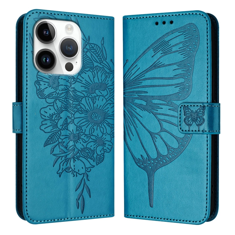 For iPhone 16 Pro Embossed Butterfly Leather Phone Case(Blue) - iPhone 16 Pro Cases by PMC Jewellery | Online Shopping South Africa | PMC Jewellery | Buy Now Pay Later Mobicred