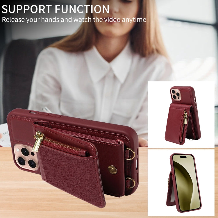 For iPhone 16 Pro Crossbody Lanyard Zipper Wallet Leather Phone Case(Wine Red) - iPhone 16 Pro Cases by PMC Jewellery | Online Shopping South Africa | PMC Jewellery | Buy Now Pay Later Mobicred