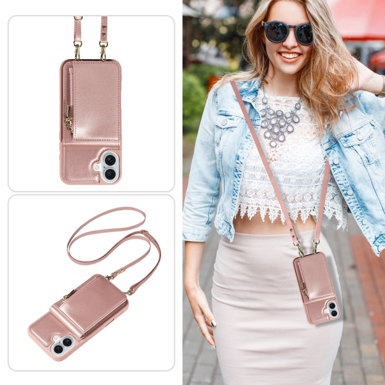 For iPhone 16 Plus Crossbody Lanyard Zipper Wallet Leather Phone Case(Rose Gold) - iPhone 16 Plus Cases by PMC Jewellery | Online Shopping South Africa | PMC Jewellery | Buy Now Pay Later Mobicred