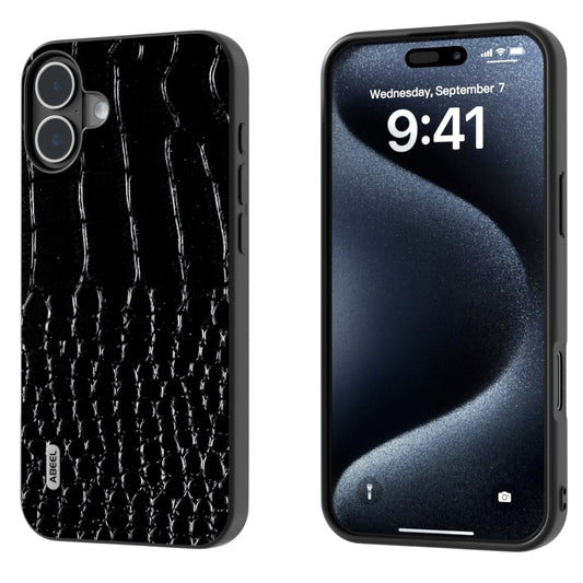 For iPhone 16 Plus ABEEL Genuine Leather Crocodile Pattern Black Edge Phone Case(Black) - iPhone 16 Plus Cases by PMC Jewellery | Online Shopping South Africa | PMC Jewellery | Buy Now Pay Later Mobicred