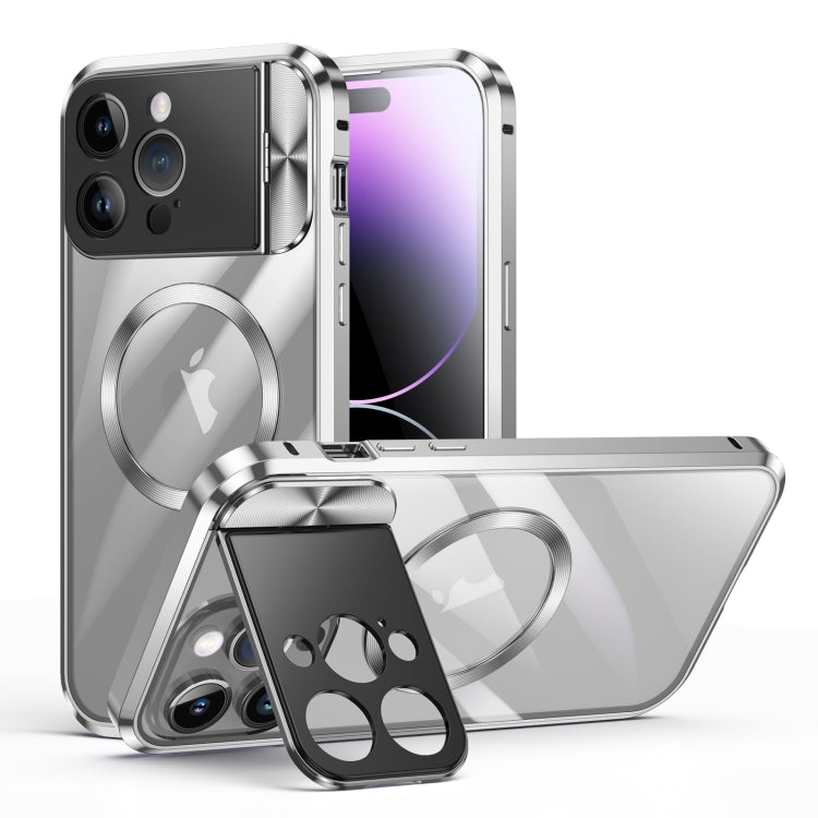 For iPhone 14 Pro Large Window Holder MagSafe Magnetic Metal Phone Case(Silver) - iPhone 14 Pro Cases by PMC Jewellery | Online Shopping South Africa | PMC Jewellery