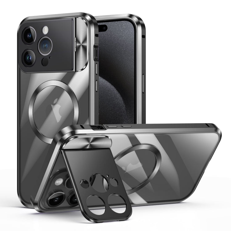 For iPhone 15 Pro Max Large Window Holder MagSafe Magnetic Metal Phone Case(Black) - iPhone 15 Pro Max Cases by PMC TechLife | Online Shopping South Africa | PMC TechLife