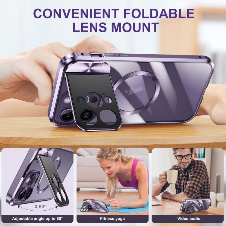 For iPhone 15 Large Window Holder MagSafe Magnetic Metal Phone Case(Blue) - iPhone 15 Cases by PMC TechLife | Online Shopping South Africa | PMC TechLife
