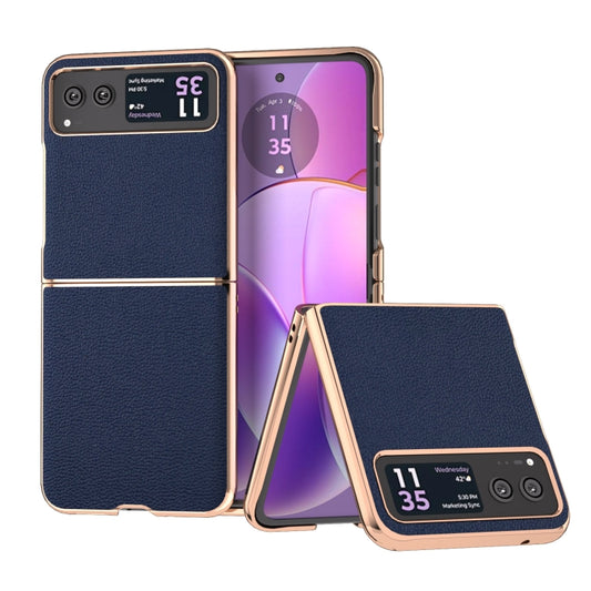 For Motorola Razr 40 Nano Plating Genuine Leather Luolai Series Phone Case(Dark Blue) - Motorola Cases by PMC Jewellery | Online Shopping South Africa | PMC Jewellery | Buy Now Pay Later Mobicred