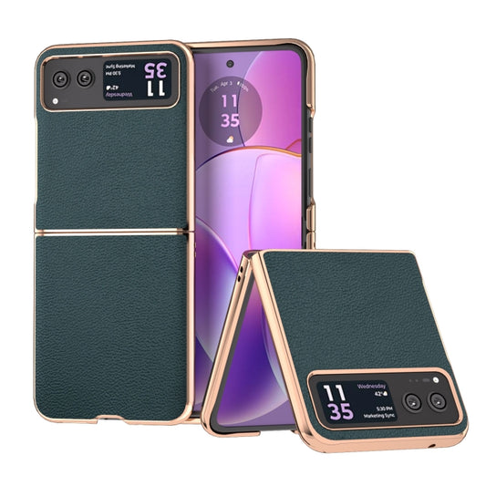 For Motorola Razr 40 Nano Plating Genuine Leather Luolai Series Phone Case(Dark Green) - Motorola Cases by PMC Jewellery | Online Shopping South Africa | PMC Jewellery | Buy Now Pay Later Mobicred