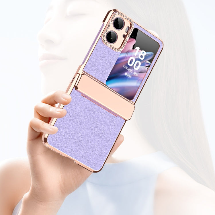 For OPPO Find N2 Flip Plated Plain Leather Folding Phone Case with Hinge(Purple) - Find N2 Flip Cases by PMC Jewellery | Online Shopping South Africa | PMC Jewellery
