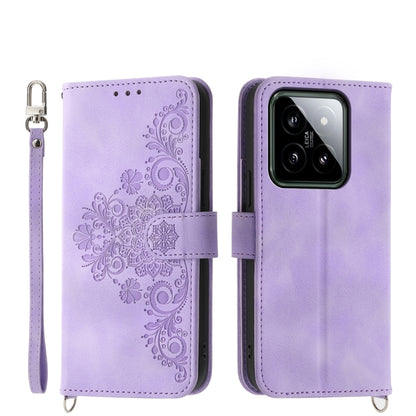 For Xiaomi 14 Skin-feel Flowers Embossed Wallet Leather Phone Case(Purple) - 14 Cases by PMC Jewellery | Online Shopping South Africa | PMC Jewellery | Buy Now Pay Later Mobicred