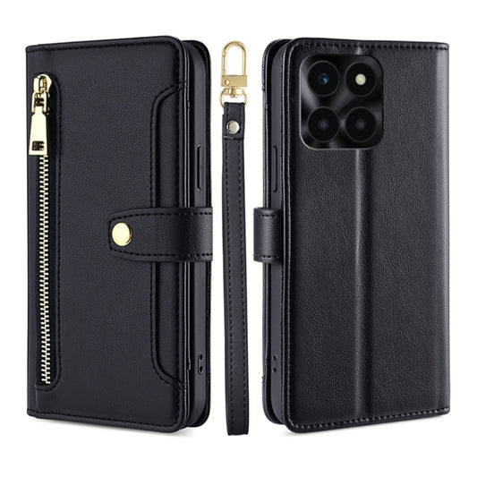 For Honor X6a 4G Sheep Texture Cross-body Zipper Wallet Leather Phone Case(Black) - Honor Cases by PMC Jewellery | Online Shopping South Africa | PMC Jewellery | Buy Now Pay Later Mobicred