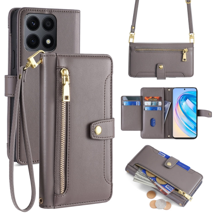 For Honor X8a Sheep Texture Cross-body Zipper Wallet Leather Phone Case(Grey) - Honor Cases by PMC TechLife | Online Shopping South Africa | PMC TechLife | Buy Now Pay Later Mobicred