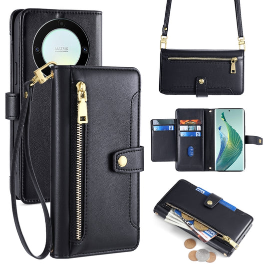 For Honor X9a Sheep Texture Cross-body Zipper Wallet Leather Phone Case(Black) - Honor Cases by PMC Jewellery | Online Shopping South Africa | PMC Jewellery | Buy Now Pay Later Mobicred