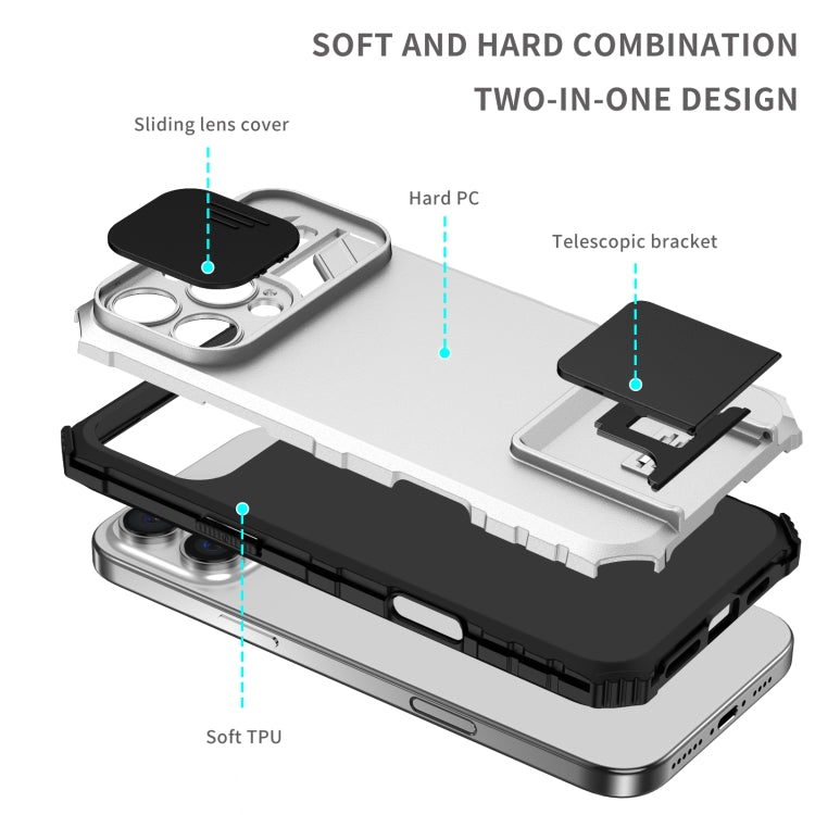For iPhone 16 Pro Max Stereoscopic Holder Sliding Camshield Phone Case(White) - free shipping - PMC TechLife - Order now!