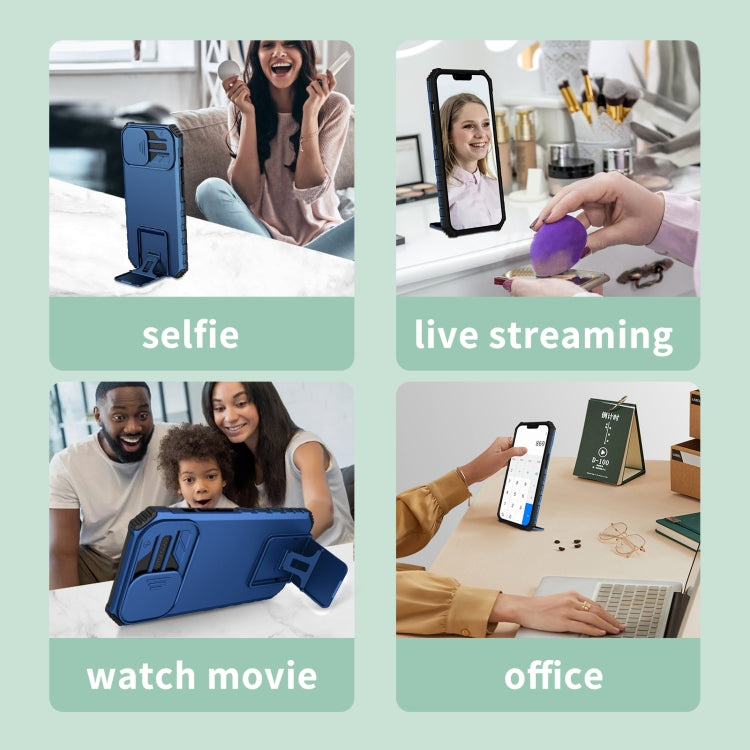 For iPhone 16 Plus Stereoscopic Holder Sliding Camshield Phone Case(Blue) - free shipping - PMC TechLife - Order now!