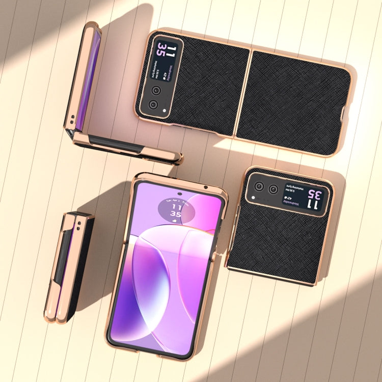 For Motorola Razr 40 Nano Electroplating Cross Texture Genuine Leather Phone Case(Black) - Motorola Cases by PMC TechLife | Online Shopping South Africa | PMC TechLife | Buy Now Pay Later Mobicred