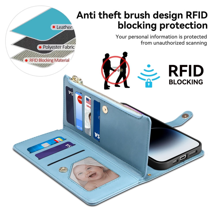 For iPhone 16 ESEBLE Star Series Lanyard Zipper Wallet RFID Leather Case(Blue) - iPhone 16 Cases by ESEBLE | Online Shopping South Africa | PMC Jewellery | Buy Now Pay Later Mobicred