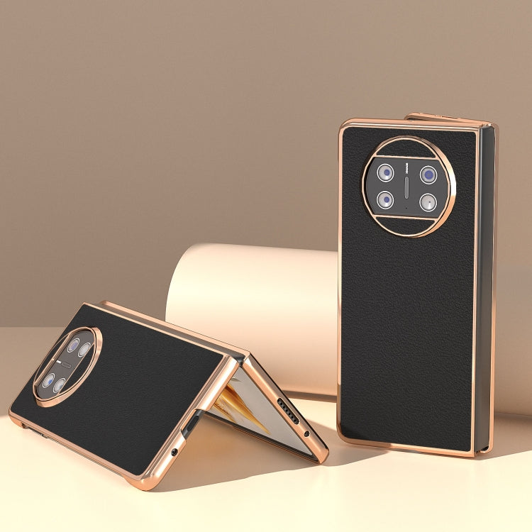 For Huawei Mate X3 Nano Plating Genuine Leather Wave Series Phone Case(Black) - Huawei Cases by PMC TechLife | Online Shopping South Africa | PMC TechLife | Buy Now Pay Later Mobicred