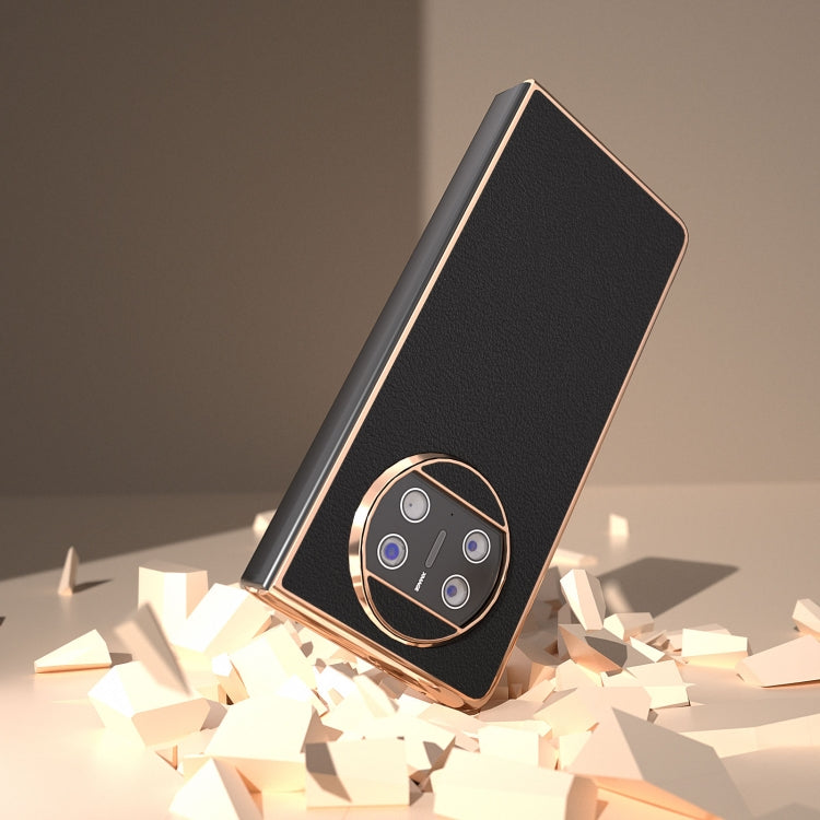For Huawei Mate X3 Nano Plating Genuine Leather Wave Series Phone Case(Black) - Huawei Cases by PMC TechLife | Online Shopping South Africa | PMC TechLife | Buy Now Pay Later Mobicred