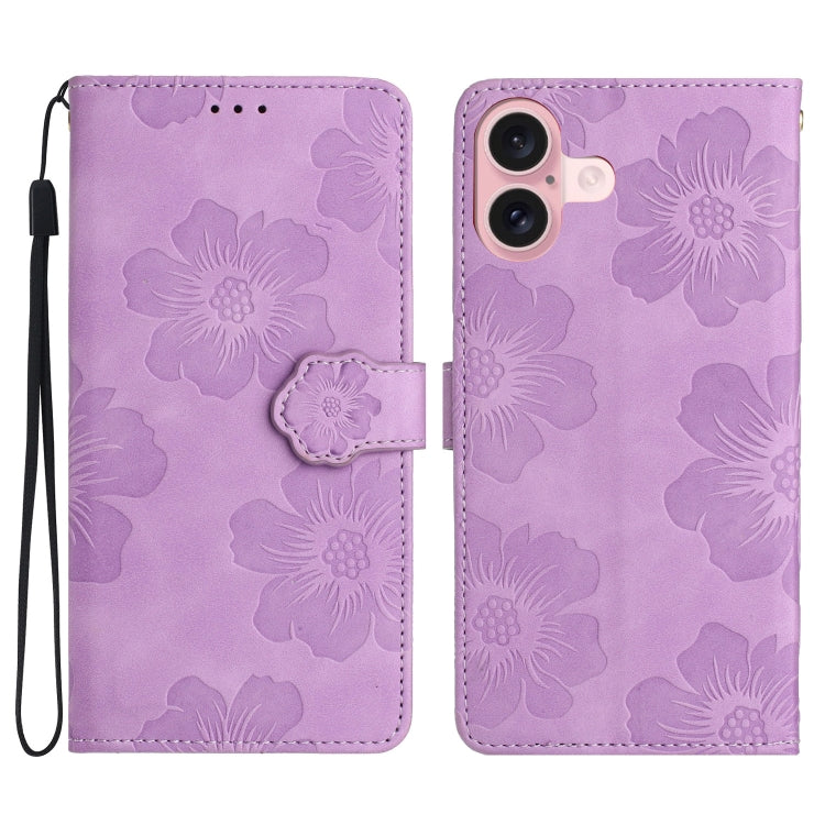 For iPhone 16 Flower Embossing Pattern Leather Phone Case(Purple) - iPhone 16 Cases by PMC TechLife | Online Shopping South Africa | PMC TechLife | Buy Now Pay Later Mobicred