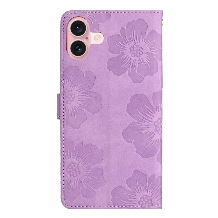 For iPhone 16 Flower Embossing Pattern Leather Phone Case(Purple) - iPhone 16 Cases by PMC TechLife | Online Shopping South Africa | PMC TechLife | Buy Now Pay Later Mobicred