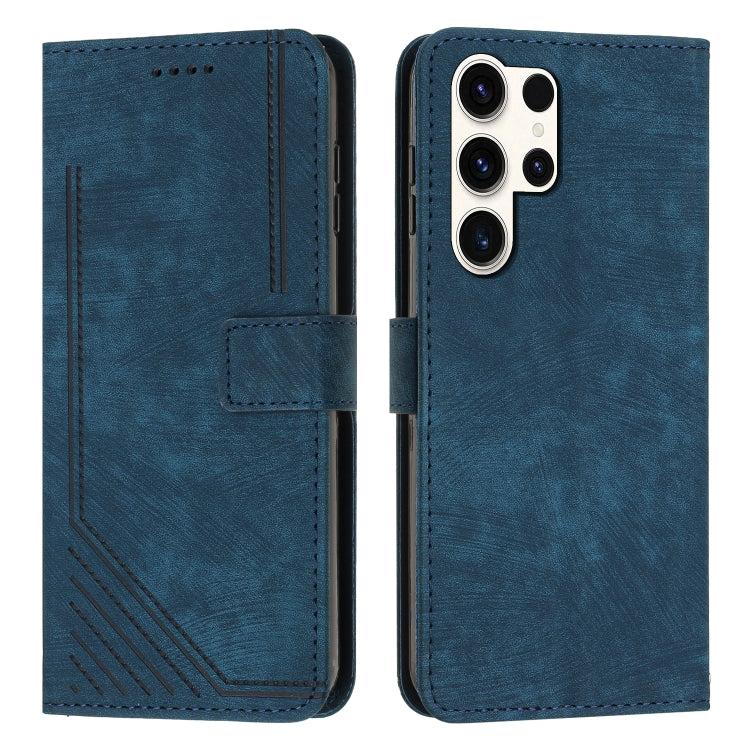 For Samsung Galaxy S24 Ultra Skin Feel Stripe Pattern Leather Phone Case with Long Lanyard(Blue) - Galaxy S24 Ultra 5G Cases by PMC Jewellery | Online Shopping South Africa | PMC Jewellery