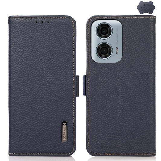 For Motorola Moto G24 KHAZNEH Side-Magnetic Litchi Genuine Leather RFID Phone Case(Blue) - Motorola Cases by PMC Jewellery | Online Shopping South Africa | PMC Jewellery | Buy Now Pay Later Mobicred