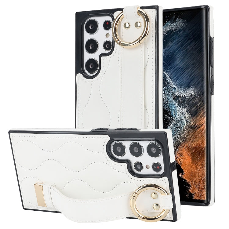 For Samsung Galaxy S22 Ultra Non-slip Full Coverage Ring PU Phone Case with Wristband(White) - Galaxy S22 Ultra 5G Cases by PMC TechLife | Online Shopping South Africa | PMC TechLife